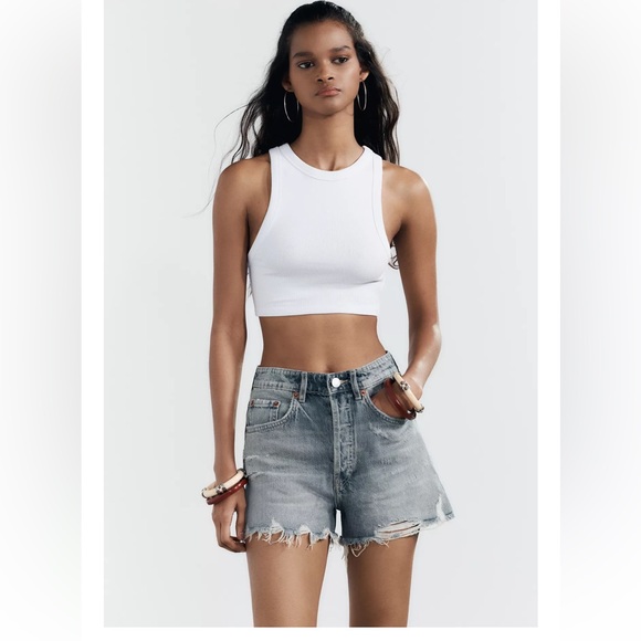 ZARA TRF RIPPED HIGH RISE DENIM SHORTS - Picture 4 of 10